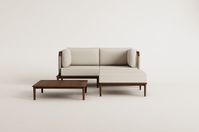 Set da giardino con divano modulare a 2 pezzi con 2 poltrone angolari, tavolino e pouf in acacia Giulia