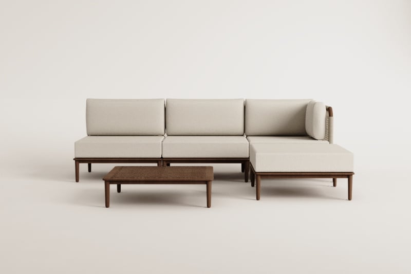 Set da salotto con divano modulare angolare a 3 pezzi, tavolino da caffè e pouf in acacia Giulia