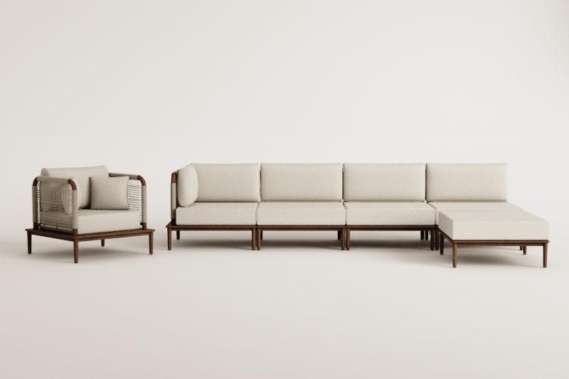 Set da giardino con divano modulare angolare a 4 pezzi con pouf e poltrona in acacia Giulia