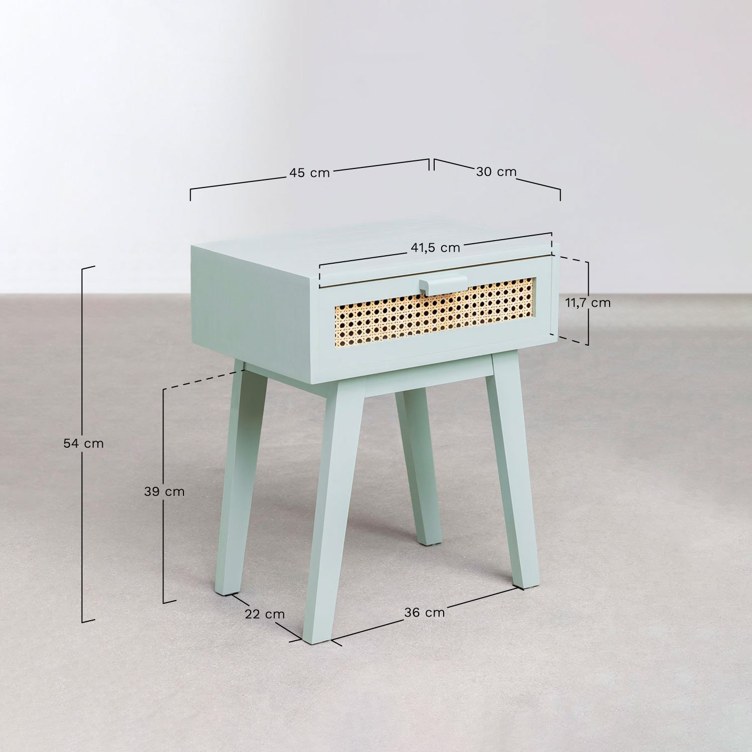 Comodino rettangolare 45x30 cm con cassetto in legno Ralik Colors Design, MISURE