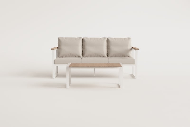 Set da giardino Lipov con divano a 3 posti e tavolino in alluminio e legno di acacia 110x55cm