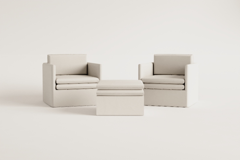 Set da soggiorno con 2 poltrone e un pouf in lino e cotone Grace