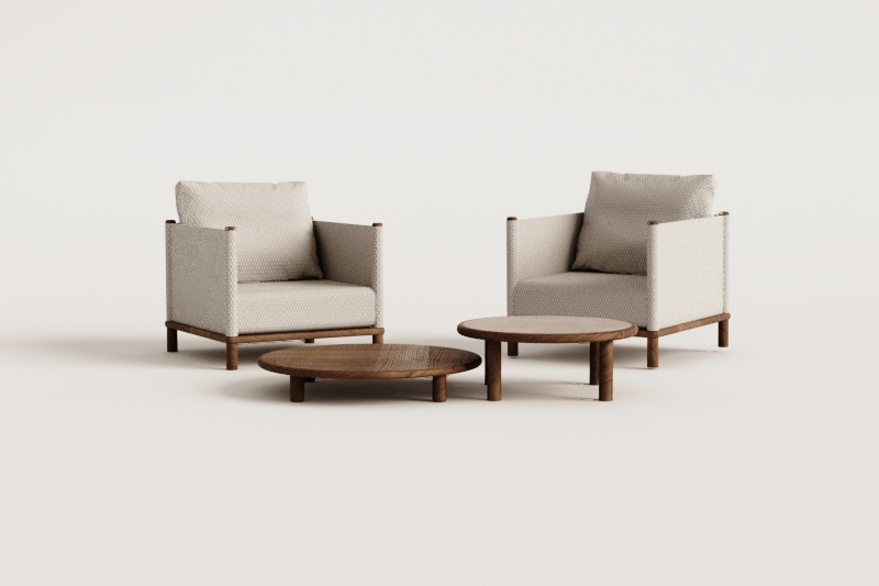 Set da salotto con 2 poltrone e 2 tavolini rotondi in legno di acacia Olivia