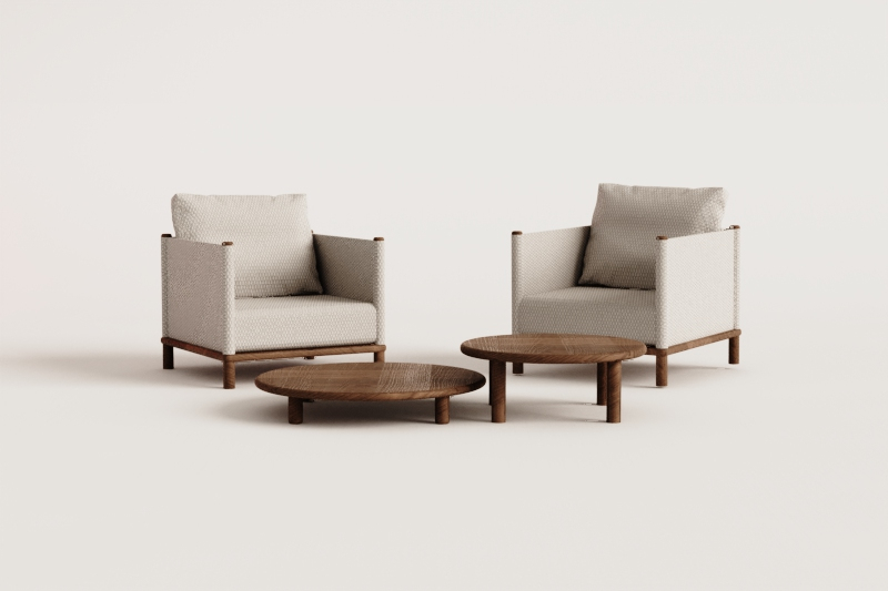 Set da salotto con 2 poltrone e 2 tavolini rotondi in legno di acacia Olivia