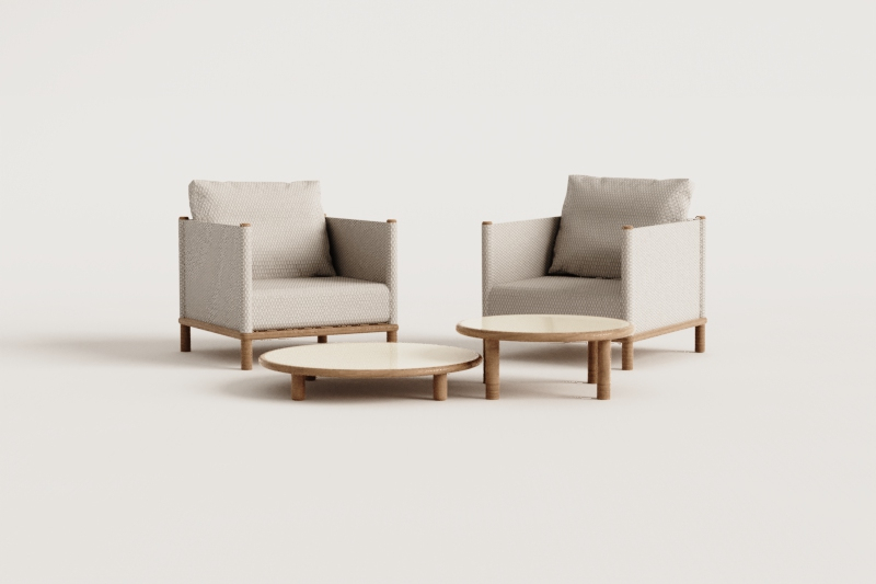 Set da salotto con 2 poltrone e 2 tavolini rotondi in legno di acacia Olivia