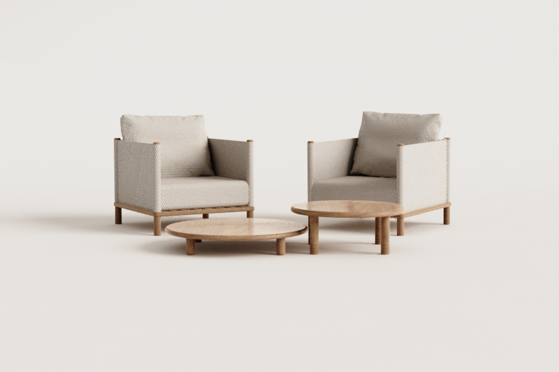 Set da salotto con 2 poltrone e 2 tavolini rotondi in legno di acacia Olivia