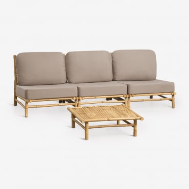 Set Da Giardino Con Divano Modulare A 3 Pezzi E Tavolino Quadrato 75x75 Cm In Bambù Isendra Tessuto Marrone Moka - Sklum