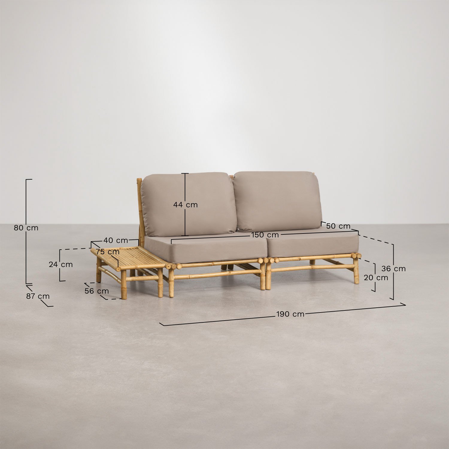 Set da giardino con divano modulare a 2 pezzi e tavolino laterale rettangolare 75x40 cm in bambù Isendra, MISURE