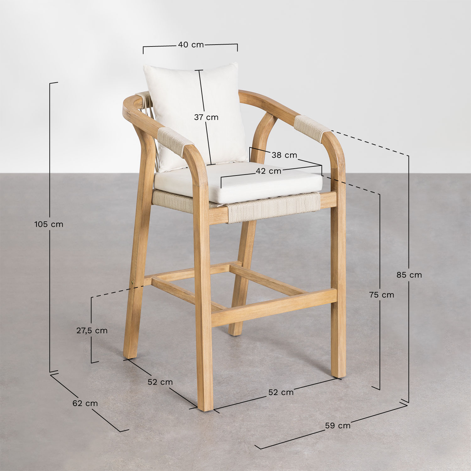 Set di 2 sgabelli alti da 75 cm per giardino in legno di acacia Dubai, MISURE