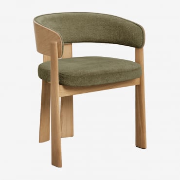 Set Di 4 Sedie Da Pranzo Con Braccioli Imbottite E In Legno Di Quercia Olea Marrone Quercia & Chenille Verde Militare - Sklum