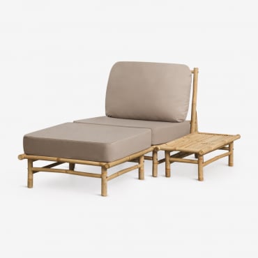 Set Da Giardino Con Poltrona, Pouf E Tavolino Rettangolare In Bambù Isendra Tessuto Marrone Moka - Sklum