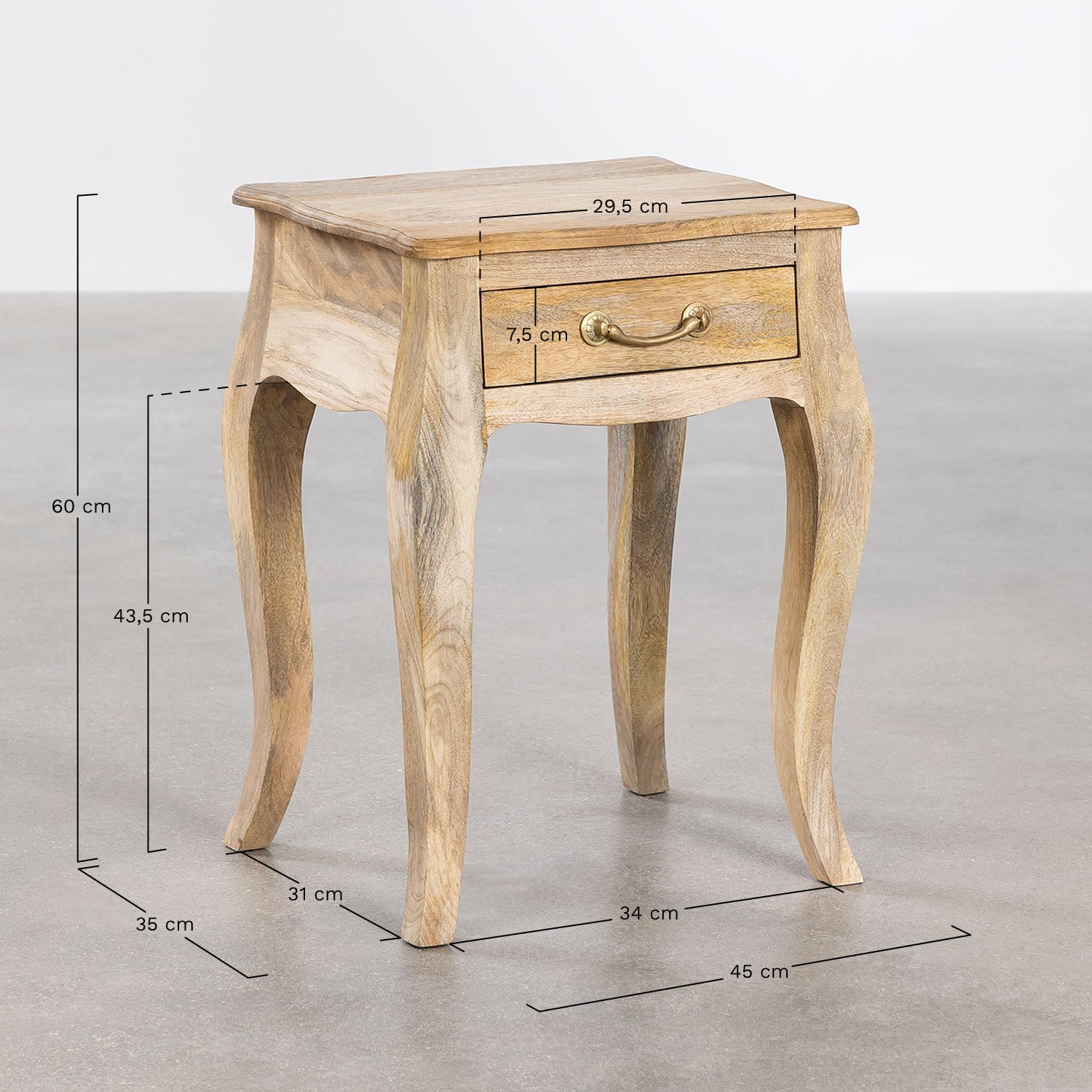 Comodino rettangolare 45x35 cm in legno di mango Micaela, MISURE