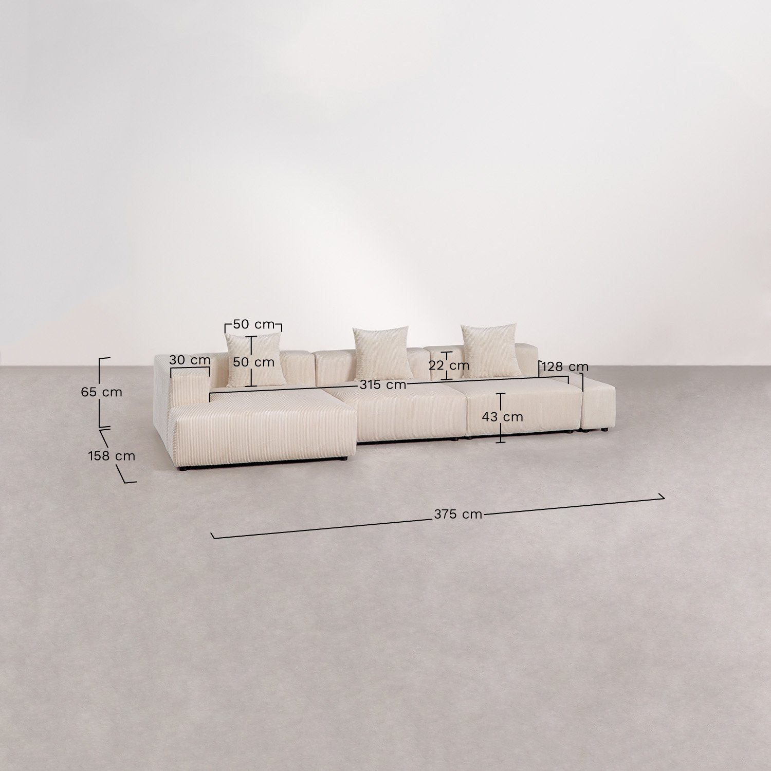 Divano modulare con chaise longue angolare sinistra a 3 pezzi ↔︎375 cm Bruna, MISURE