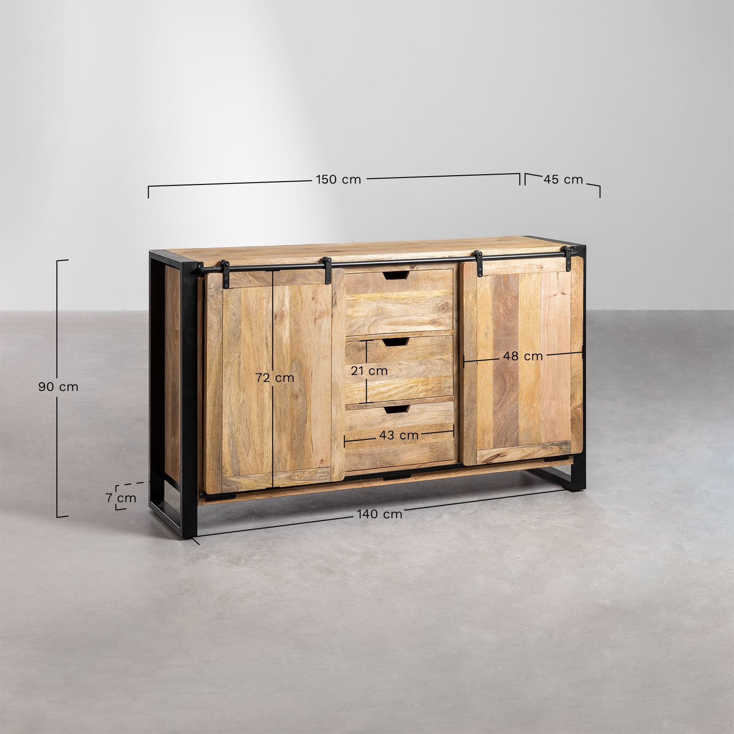 Cassettiera 140x45 cm in legno di mango Kiefer, MISURE