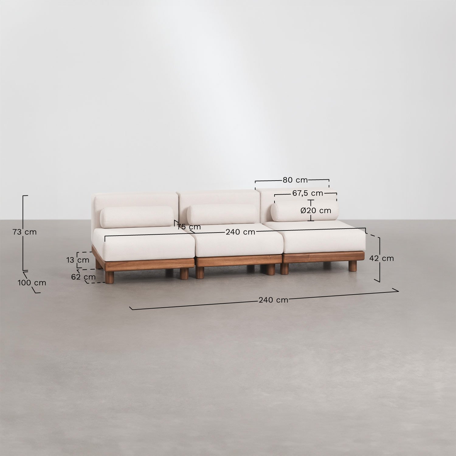 Divano modulare da giardino 3 pezzi con pouf in acacia Edrien, MISURE