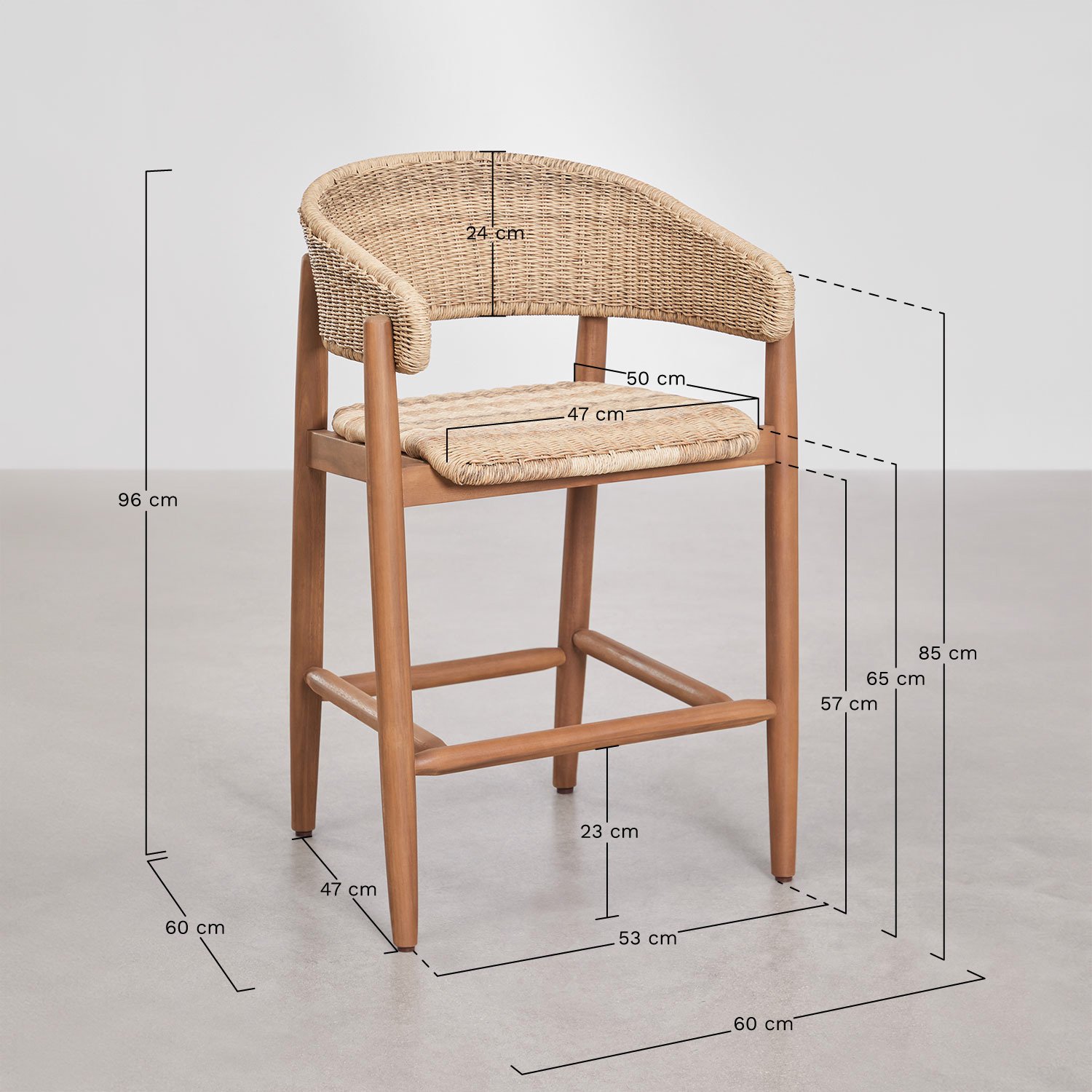 Sgabello alto in legno di acacia e rattan sintetico Ribeira, MISURE