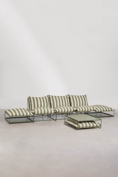 Set da giardino con divano modulare a 3 pezzi, tavolino laterale e 2 pouf convertibili Amaro - Beige tapioca - Verde oliva intenso