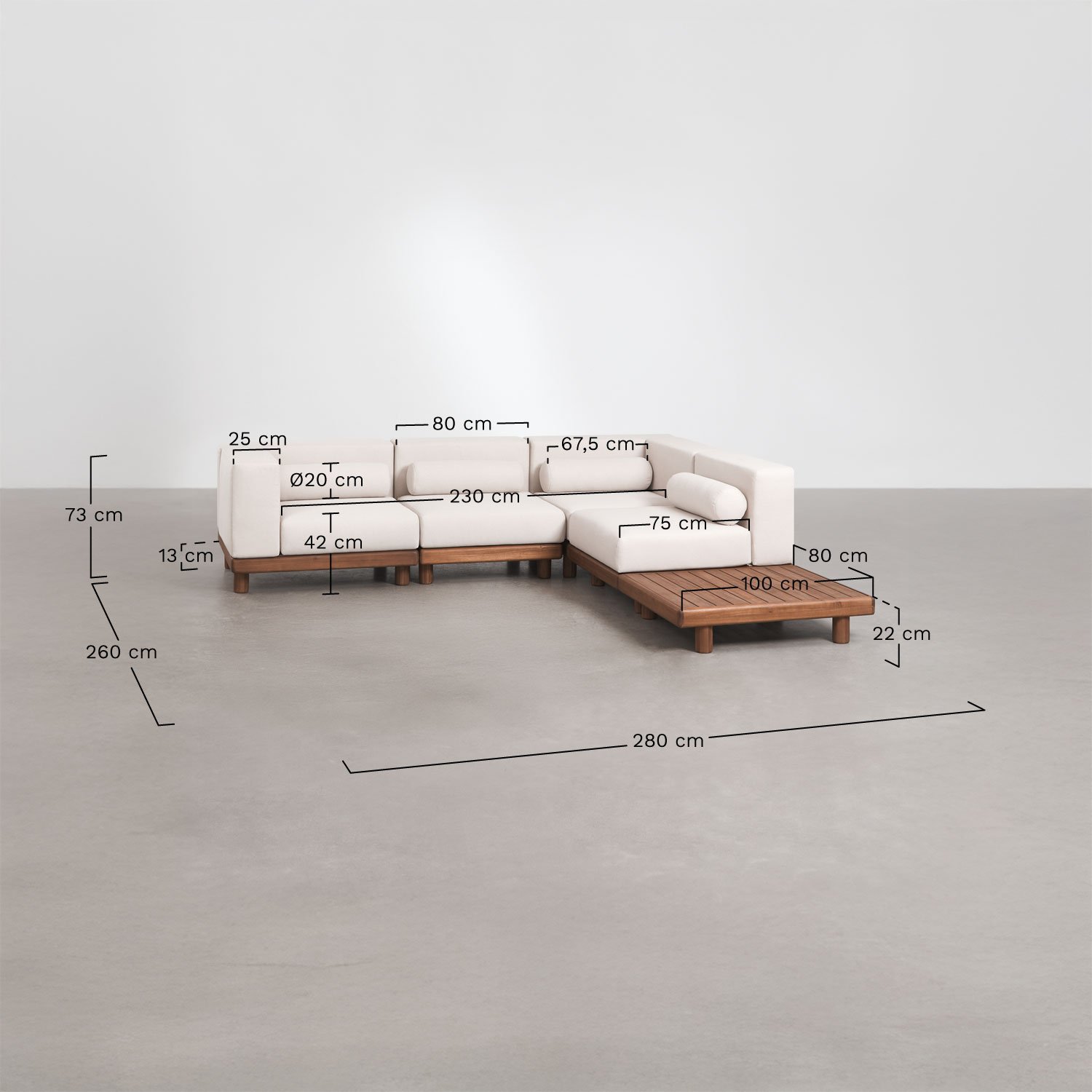 Set da giardino con divano modulare angolare a 4 pezzi con 2 moduli angolari e 2 tavolini in acacia Edrien, MISURE