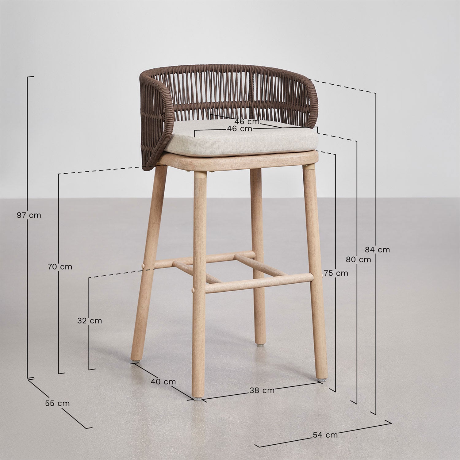 Set di 4 sgabelli alti da giardino in legno di acacia e corda intrecciata Capri, MISURE