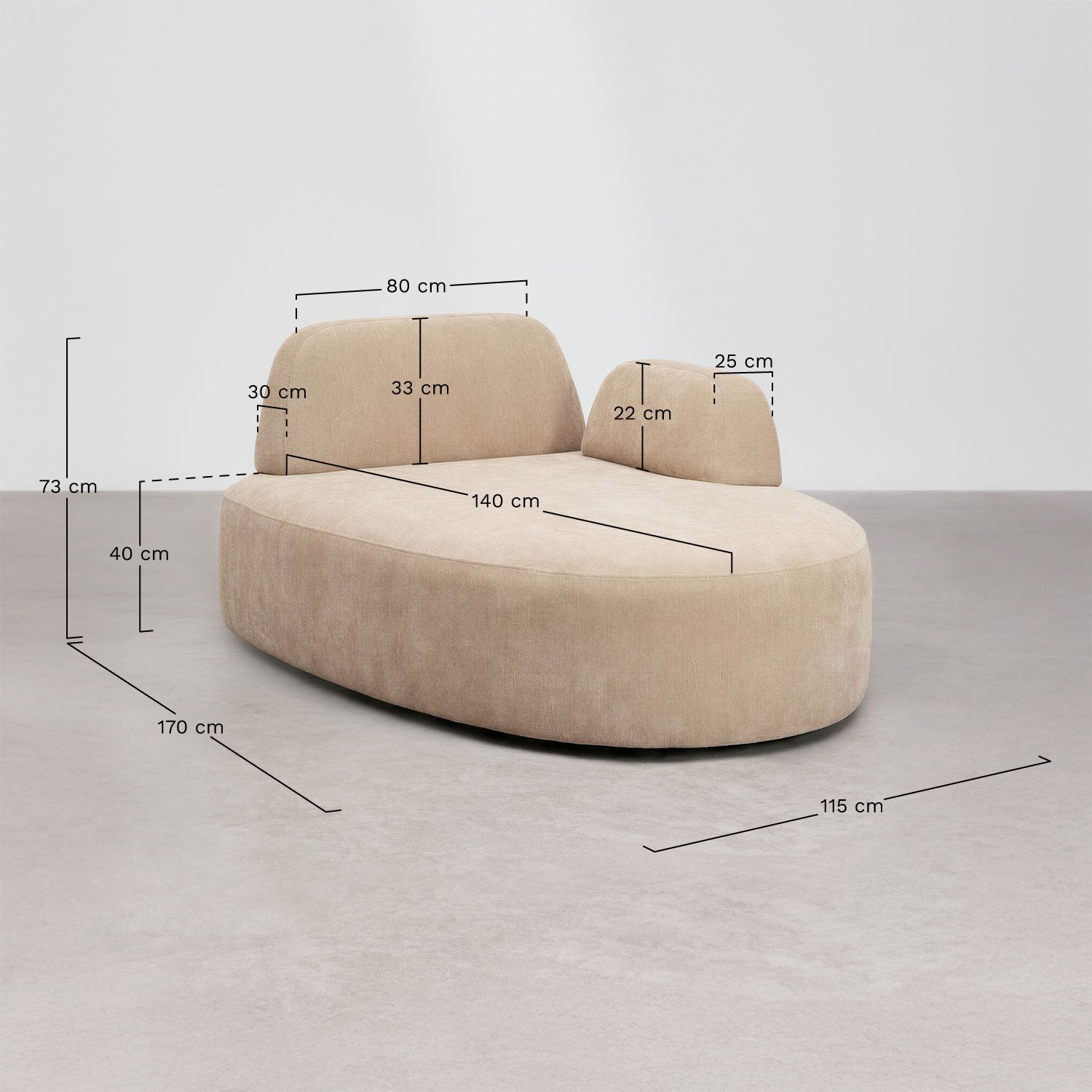 Modulo chaise longue destro con bracciolo per divano modulare imbottito Giorgia, MISURE