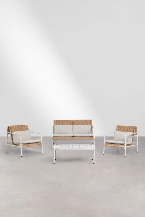 Set da giardino con divano 2 posti, 2 poltrone e tavolino in alluminio e rattan sintetico Duroli - Gardenia Bianco