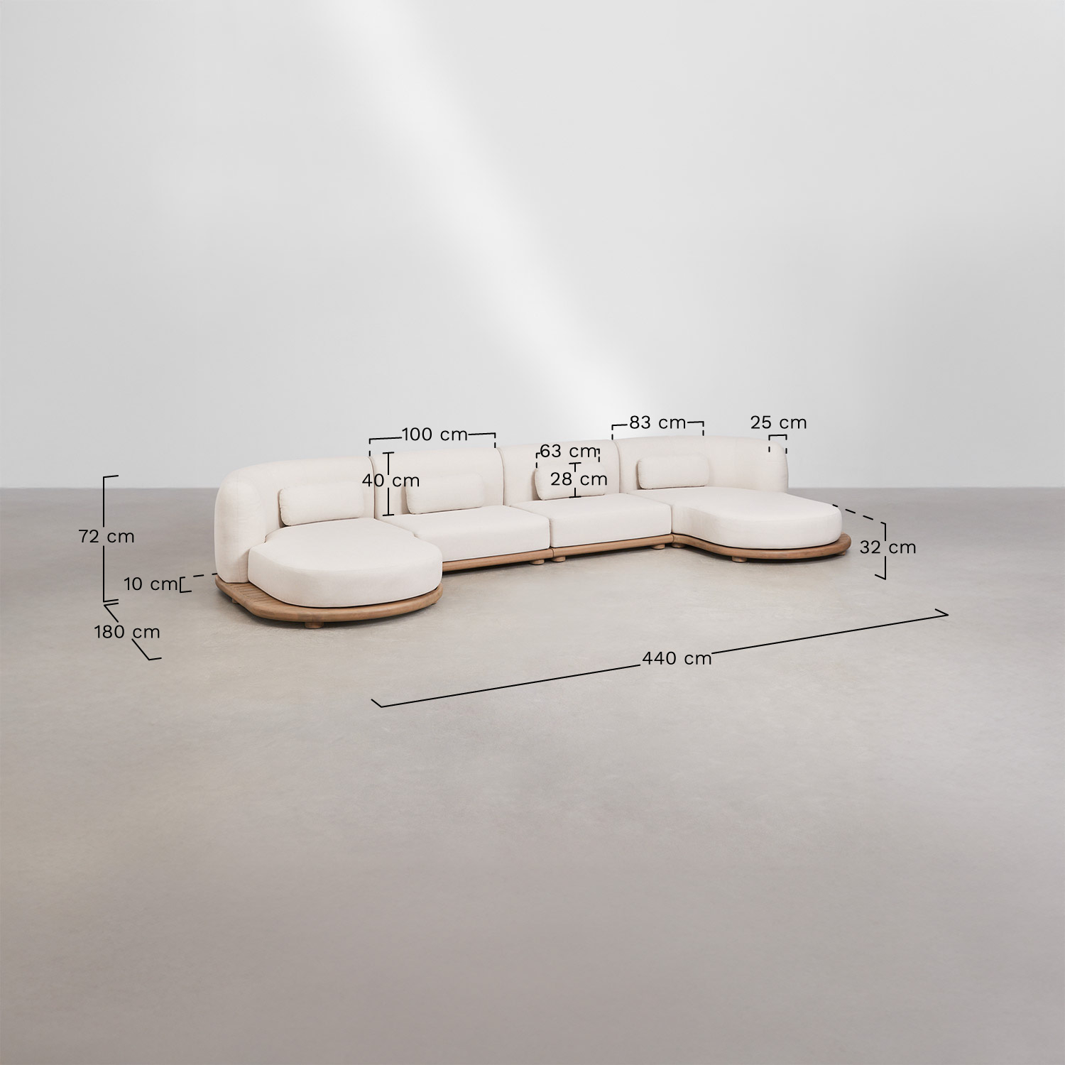 Divano modulare chaise longue da giardino in legno di acacia Gerard 4 pezzi, MISURE