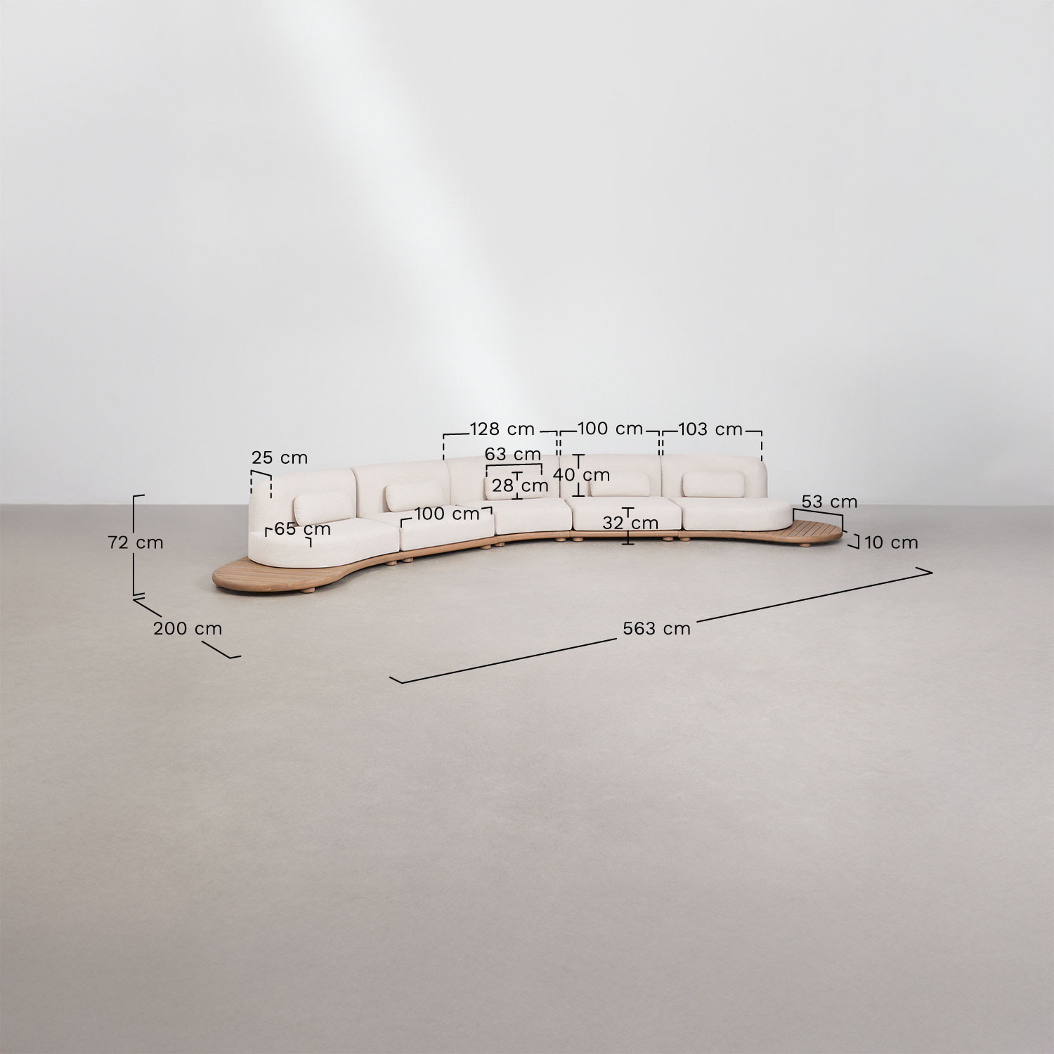 Divano modulare da giardino in legno di acacia Gerard, 5 pezzi, MISURE