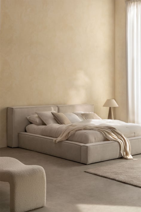 Letto per materasso 200x200cm con contenitore ribaltabile in ciniglia bianco sporco Lunari