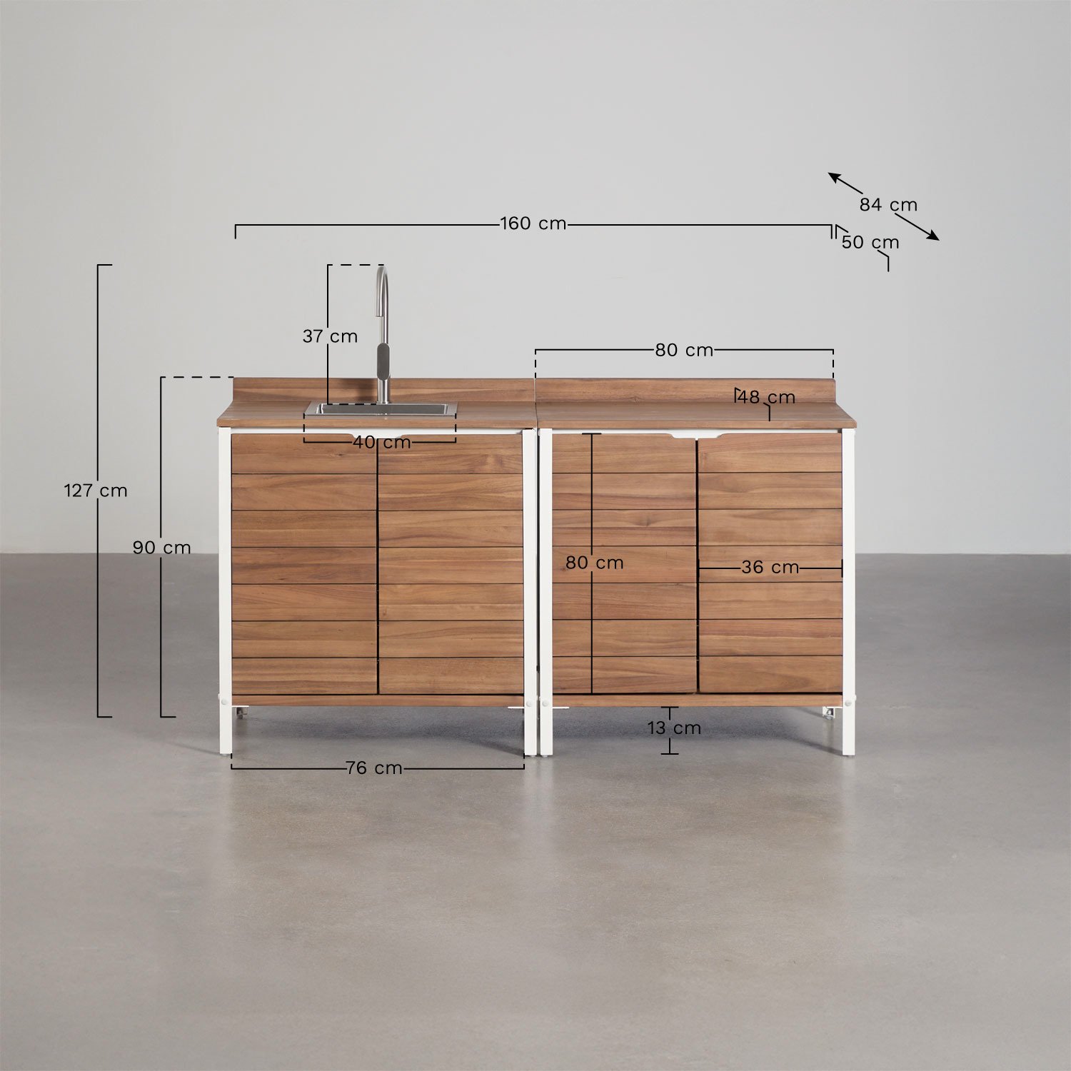 Cucina modulare da esterno a 2 pezzi con lavello e spazio di stoccaggio in legno di acacia Reggie, MISURE