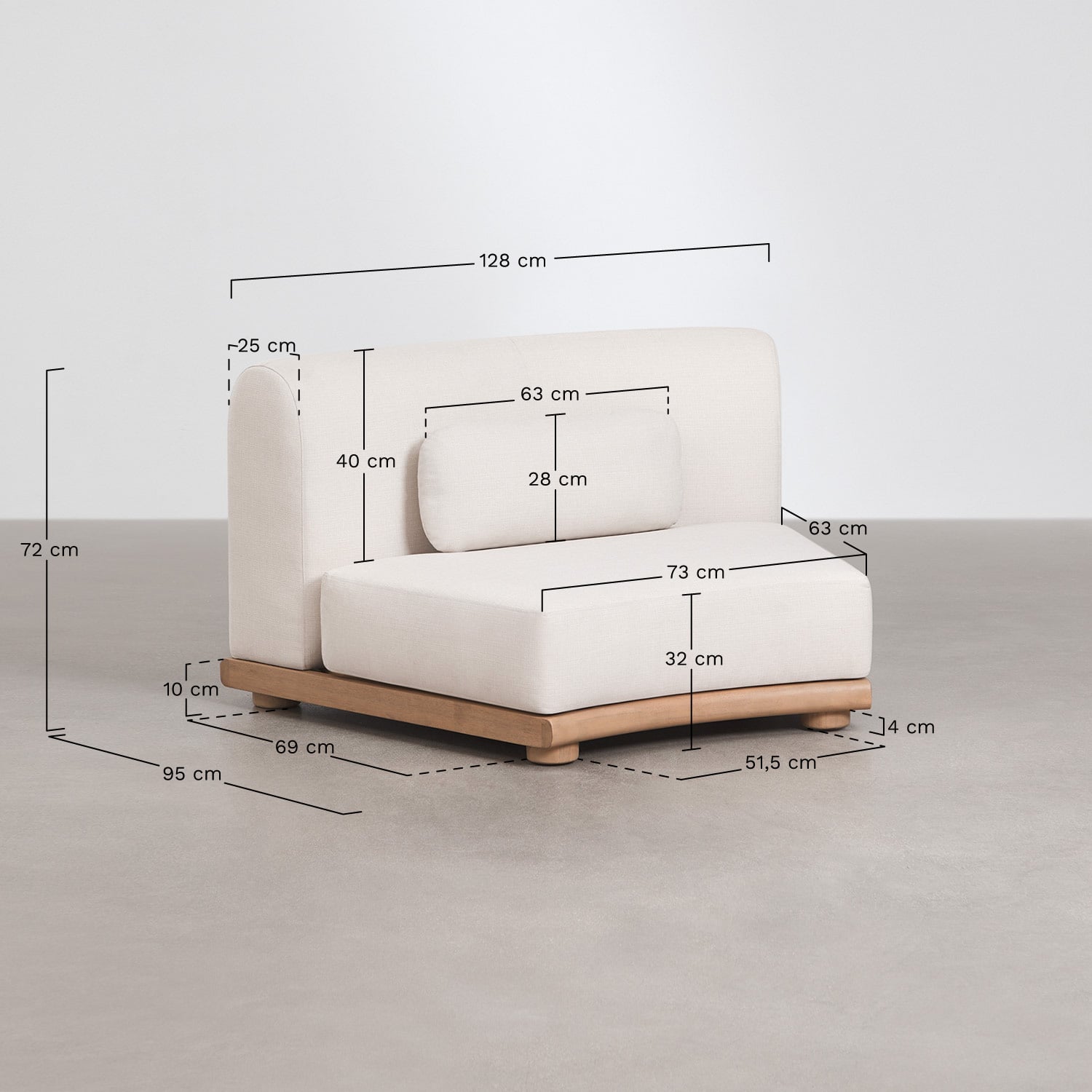 Modulo centrale curvo per divano modulare da giardino in legno di acacia Gerard, MISURE