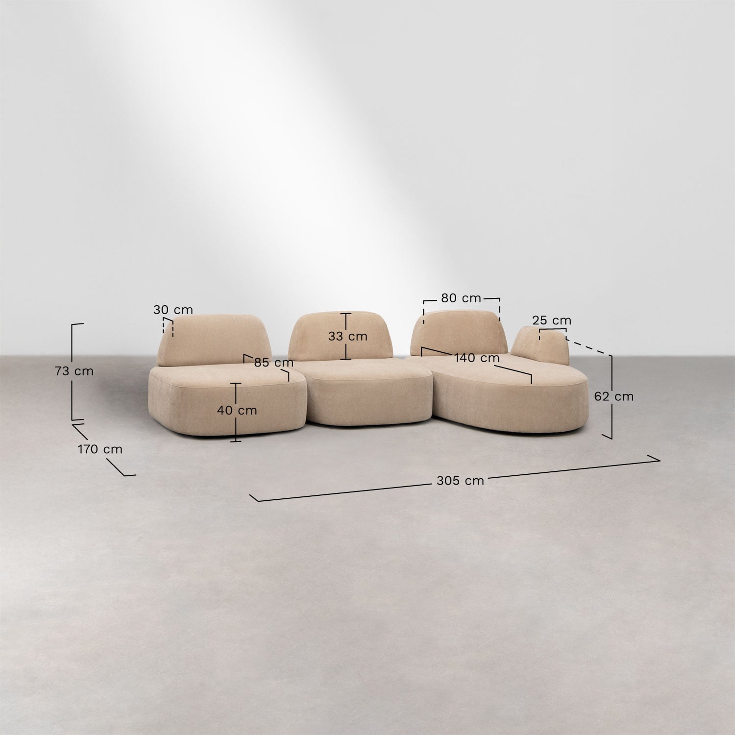 Divano modulare chaise longue destro a 3 pezzi e pouf imbottito Giorgia, MISURE