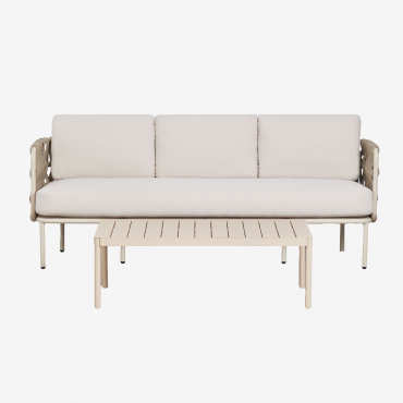 Set Da Giardino Con Divano 3 Posti In Corda Intrecciata Tevary E Tavolino In Alluminio Boleni Tela Beige Tapioca - Sklum