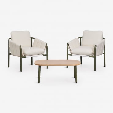 Set Da Giardino Con 2 Poltrone Imbottite E Tavolino In Acciaio Zunika Verde Olivastro Intenso - Sklum