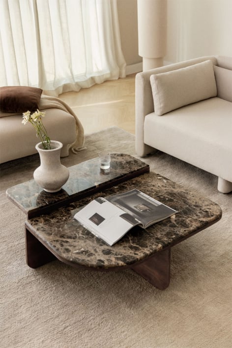 Tavolino da caffè 90x90 cm in pietra naturale e legno di mango Clotsh