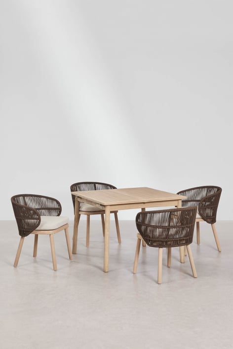 Set da tavolo estensibile 100-160x100 cm Karvia e 4 sedie da pranzo in legno di acacia e corda intrecciata Capri - Marrone Cioccolato