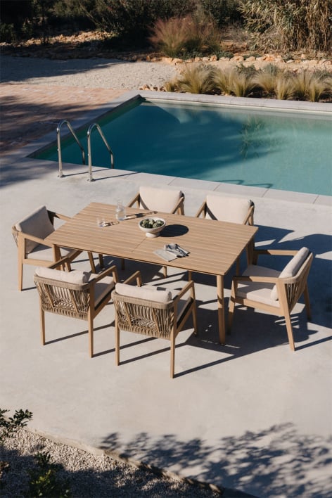 Set tavolo rettangolare 180x90 cm e 6 sedie da giardino in legno di acacia e corda intrecciata Kaela