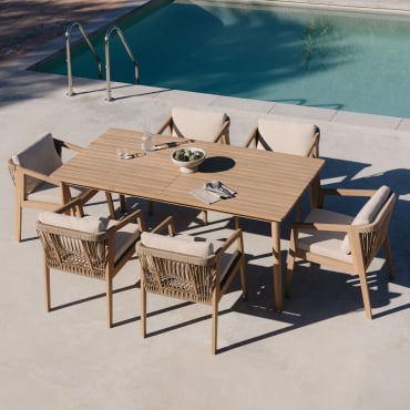 Set Da Tavolo Rettangolare 180x90 Cm E 6 Sedie Da Giardino In Legno Di Acacia E Corda Intrecciata Kaela Acacia Marrone Chiaro & Tessuto Marrone -
