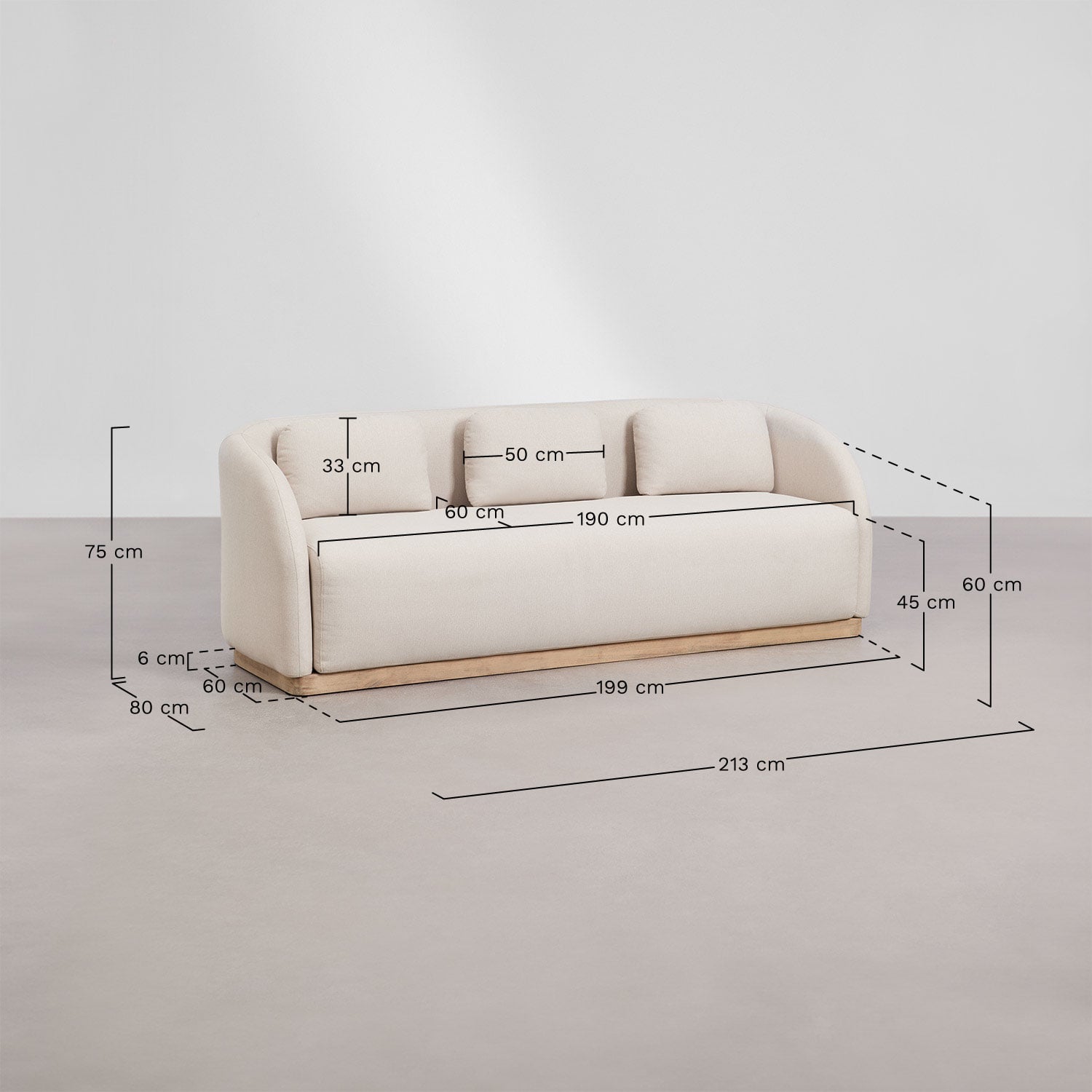 Set da soggiorno con divano a 3 posti e tavolino rettangolare 130x75 cm in legno di acacia Verona, MISURE