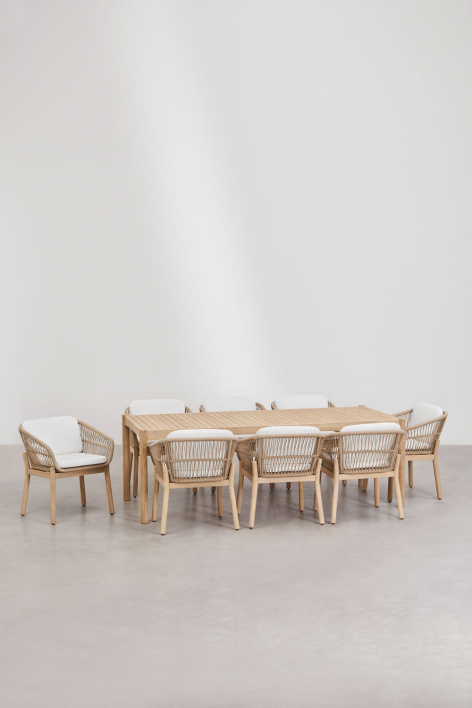 Set da tavolo rettangolare 220x100 cm e 8 sedie da pranzo in legno di acacia e corda intrecciata Karvia - Tessuto Bianco