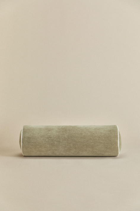 Cuscino a rullo 20x60 cm in velluto Lesoto - Velluto verde chiaro Army - Bianco Gardenia