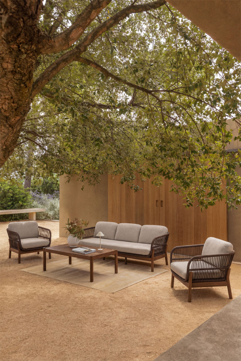 Set da giardino con divano 3 posti, 2 poltrone e tavolino in legno di acacia e corda intrecciata Karvia