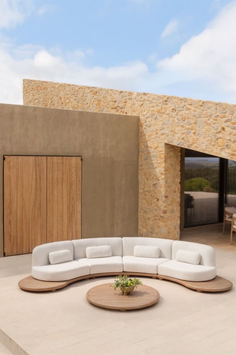 Set da giardino con divano modulare a U in 4 pezzi e tavolino ovale 120x95 cm in legno di acacia Gerard