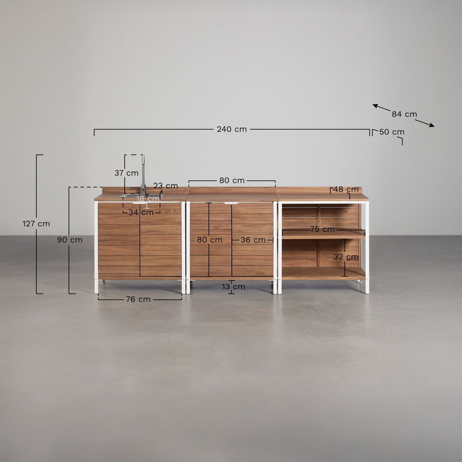 Cucina modulare da esterno a 3 pezzi con lavello e spazio di stoccaggio in legno di acacia Reggie, MISURE