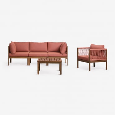 Set Da Giardino Composto Da Divano Componibile In 3 Pezzi Con Braccioli, Poltrona E Tavolino In Legno Di Acacia Branson Terracotta - Marrone Acacia -