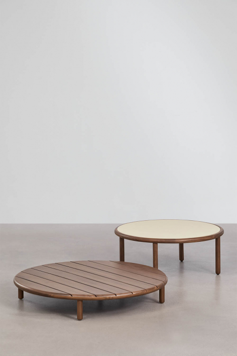 Set di 2 tavolini da giardino rotondi in legno di acacia Olivia - Marrone acacia scuro - Beige Semoline