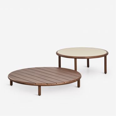 Set Di 2 Tavolini Da Giardino Rotondi In Legno Di Acacia Olivia Marrone Acacia Scuro - Beige Semoline & Marrone Acacia Scuro - Sklum