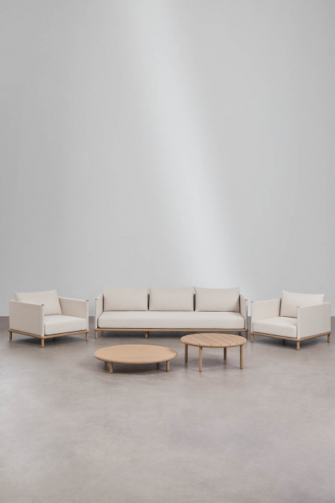 Set da soggiorno con divano a 3 posti, 2 poltrone e 2 tavolini rotondi in legno di acacia Olivia - Acacia Marrone Chiaro