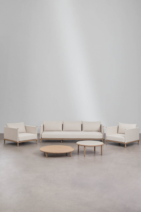 Set da soggiorno con divano a 3 posti, 2 poltrone e 2 tavolini rotondi in legno di acacia Olivia - Marrone Acacia Chiaro - Bianco Gardenia