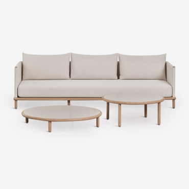 Set Da Soggiorno Con Divano A 3 Posti E 2 Tavolini Rotondi In Legno Di Acacia Olivia Gardenia Bianco & Acacia Marrone Chiaro - Sklum