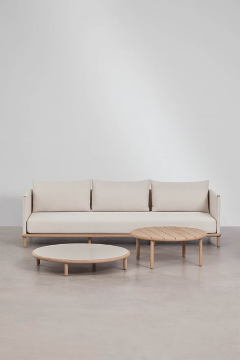 Set da soggiorno con divano 3 posti e 2 tavolini rotondi in legno di acacia Olivia - Bianco Gardenia - Marrone Acacia Chiaro